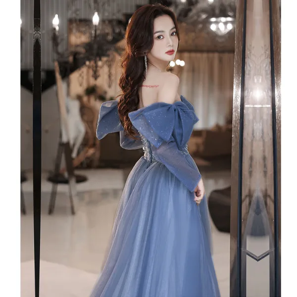 Chic / Beautiful Sky Blue Prom Dresses 2022 A-Line / Princess Strapless Bow Short Sleeve Sequins Backless Floor-Length / Long Formal Dresses