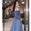 Chic / Beautiful Sky Blue Prom Dresses 2022 A-Line / Princess Strapless Bow Short Sleeve Sequins Backless Floor-Length / Long Formal Dresses