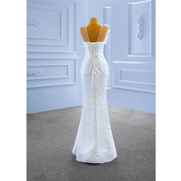 Stunning Luxury / Gorgeous White Beading Pearl Sequins Lace Flower Wedding Dresses 2022 Trumpet / Mermaid Scoop Neck Appliques Sleeveless Backless