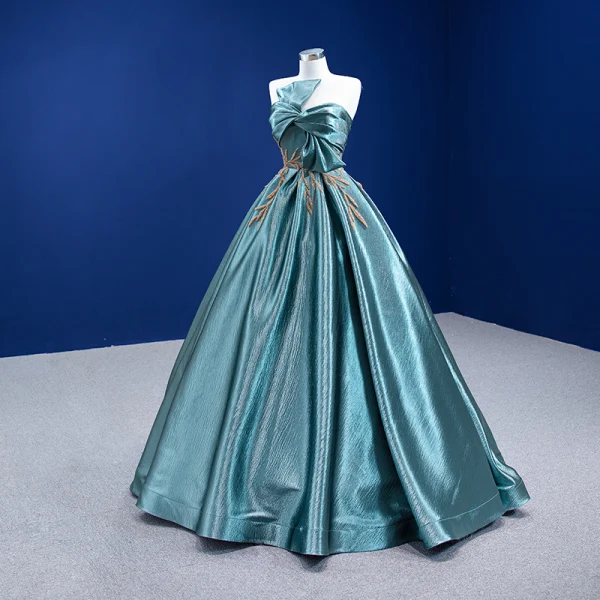High-end Jade Green Prom Dresses 2022 Ball Gown Bow Strapless Sleeveless Backless Beading Floor-Length / Long Formal Dresses