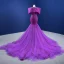 High-end Fuchsia Beading Pearl Sequins Prom Dresses 2022 Trumpet / Mermaid Scoop Neck Puffy Short Sleeve Chapel Train Formal Dresses