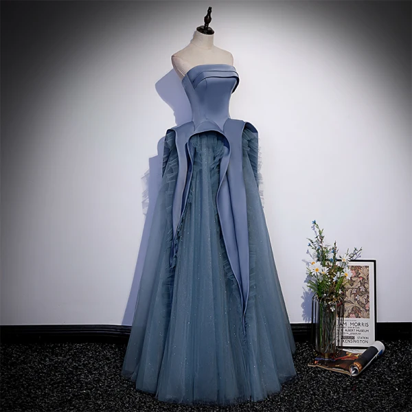 Chic / Beautiful Ocean Blue Cascading Ruffles Prom Dresses 2022 A-Line / Princess Strapless Sleeveless Backless Floor-Length / Long Formal Dresses