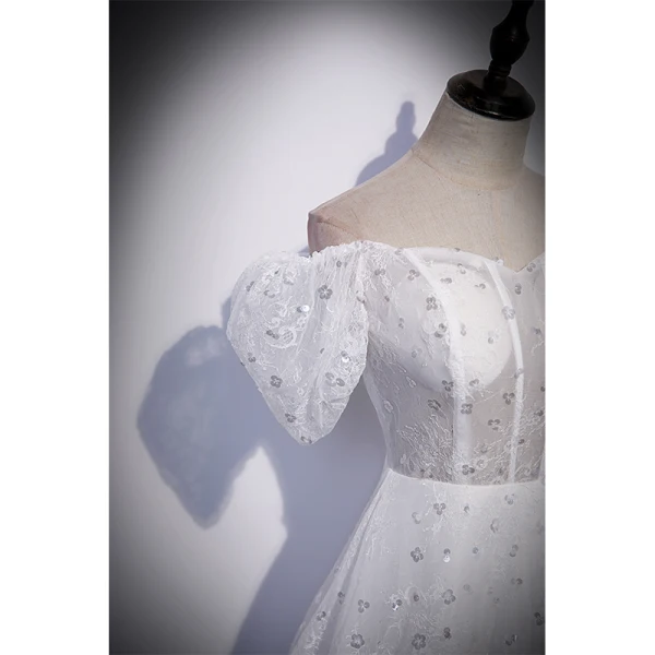 Chic / Beautiful White Sequins Lace Flower Prom Dresses 2022 A-Line / Princess Off-The-Shoulder Short Sleeve Backless Floor-Length / Long Formal Dresses