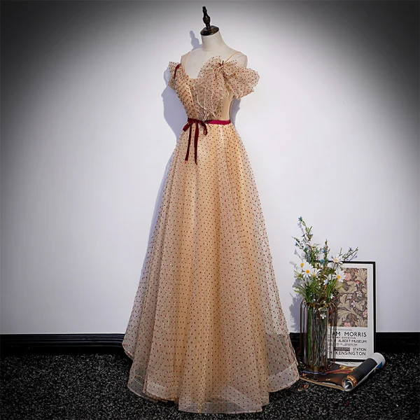 Chic / Belle Champagne Tachetée Robe De Bal 2022 Princesse Bretelles Spaghetti Manches Courtes Noeud Ceinture Dos Nu Longue Robe De Ceremonie