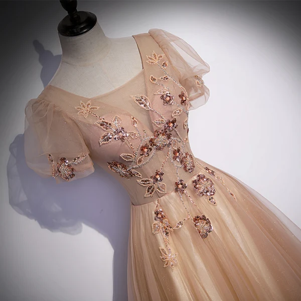 Chic / Belle Champagne Robe De Bal 2022 Princesse Encolure Carrée Perlage Paillettes Manches Courtes Dos Nu Longue Robe De Ceremonie