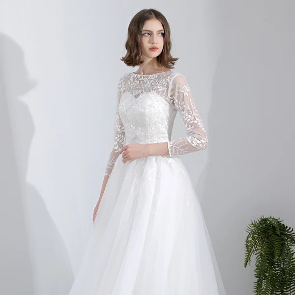Modest / Simple White Lace Flower Light Wedding Dresses 2022 A-Line / Princess Scoop Neck 3/4 Sleeve Floor-Length / Long Wedding