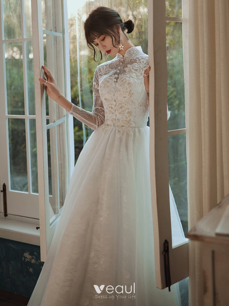 Vintage / Retro Ivory Lace Flower Pearl Wedding Dresses 2022 A