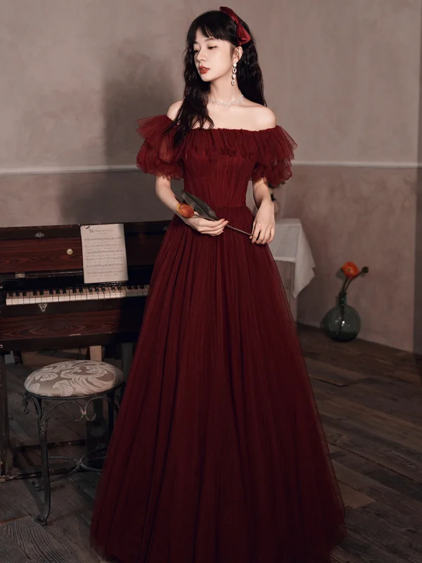 Elegant Burgundy Pleated Prom Dresses 2022 A-Line / Princess Off-The-Shoulder Short Sleeve Backless Floor-Length / Long Prom Formal Dresses