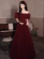 Elegant Burgundy Pleated Prom Dresses 2022 A-Line / Princess Off-The-Shoulder Short Sleeve Backless Floor-Length / Long Prom Formal Dresses