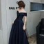 Chic / Beautiful Navy Blue Glitter Satin Prom Dresses 2022 A-Line / Princess Off-The-Shoulder Short Sleeve Backless Floor-Length / Long Formal Dresses