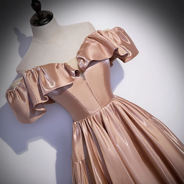 Chic / Beautiful Champagne Satin Prom Dresses 2022 A-Line / Princess Off-The-Shoulder Short Sleeve Backless Floor-Length / Long Formal Dresses