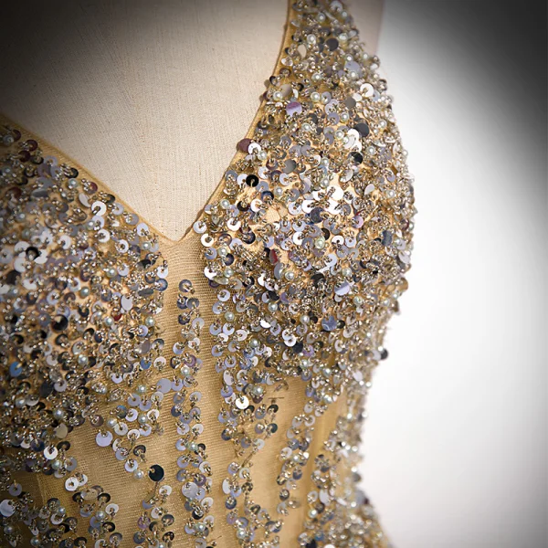 Chic / Beautiful Yellow Beading Sequins Prom Dresses 2022 A-Line / Princess V-Neck Sleeveless Backless Floor-Length / Long Formal Dresses
