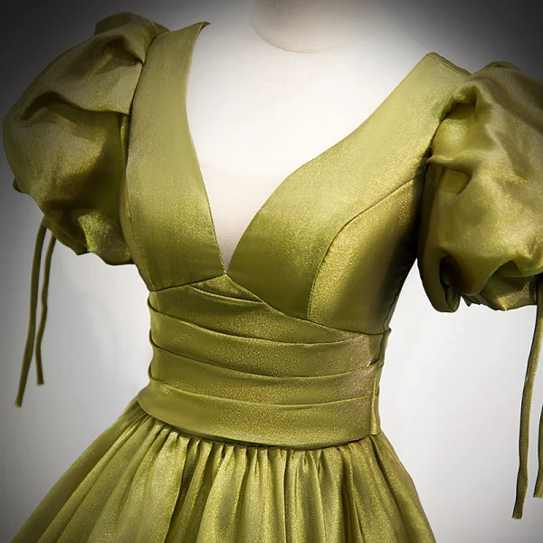 Modest / Simple Clover Green Satin Prom Dresses 2021 A-Line / Princess V-Neck Puffy Short Sleeve Backless Floor-Length / Long Formal Dresses