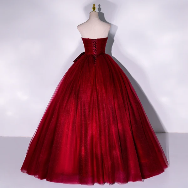 Elegant Burgundy Prom Dresses 2022 Ball Gown Strapless Sleeveless Backless Bow Floor-Length / Long Formal Dresses