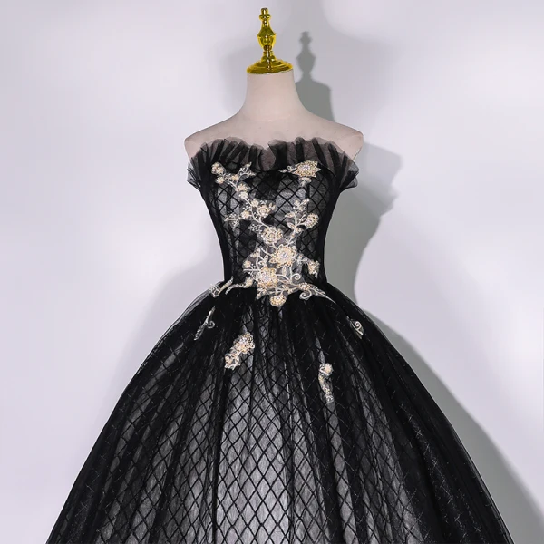 Chic / Beautiful Black Prom Dresses 2022 Ball Gown Ruffle Strapless Beading Pearl Rhinestone Sleeveless Backless Floor-Length / Long Formal Dresses