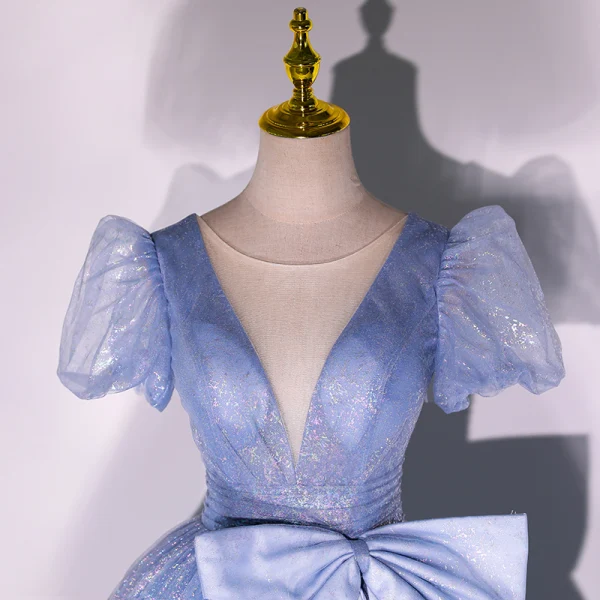Elegant Glitter Sky Blue Sequins Prom Dresses 2022 Ball Gown Scoop Neck Short Sleeve Backless Bow Floor-Length / Long Formal Dresses