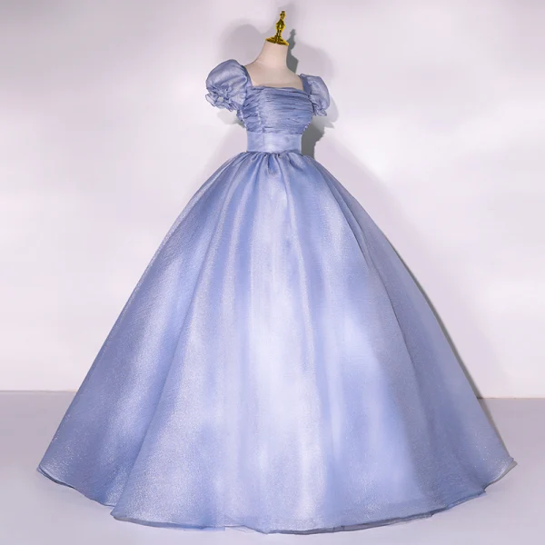 Elegant Ocean Blue Prom Dresses 2022 Ball Gown Square Neckline Puffy Short Sleeve Backless Floor-Length / Long Formal Dresses