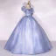 Elegant Ocean Blue Prom Dresses 2022 Ball Gown Square Neckline Puffy Short Sleeve Backless Floor-Length / Long Formal Dresses
