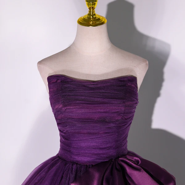 Elegant Prom Dresses Purple 2022 Ball Gown Strapless Sleeveless Backless Bow Floor-Length / Long Formal Dresses