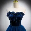 Elegant Royal Blue Suede Prom Dresses 2022 A-Line / Princess Strapless Sleeveless Backless Sweep Train Formal Dresses