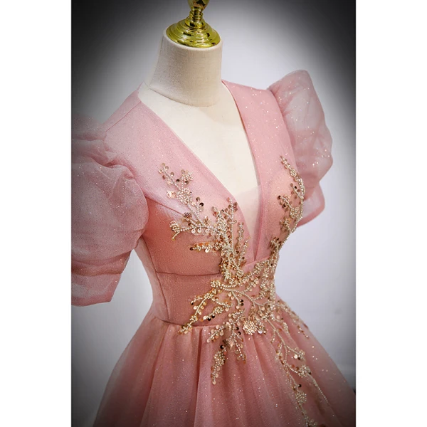 Chic / Beautiful Candy Pink Prom Dresses 2022 Ball Gown V-Neck Beading Sequins Puffy Short Sleeve Backless Floor-Length / Long Formal Dresses
