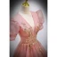 Chic / Beautiful Candy Pink Prom Dresses 2022 Ball Gown V-Neck Beading Sequins Puffy Short Sleeve Backless Floor-Length / Long Formal Dresses