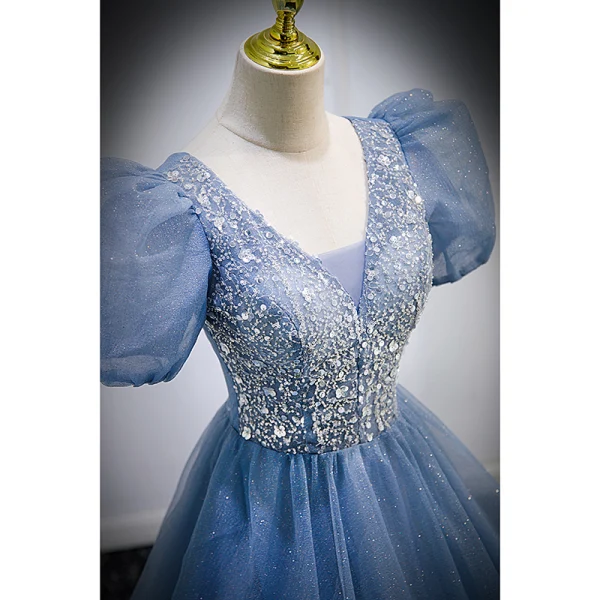 Chic / Belle Bleu Ciel Glitter Perlage Paillettes Robe De Bal 2022 Robe Boule V-Cou Manches Courtes Dos Nu Longue Robe De Ceremonie
