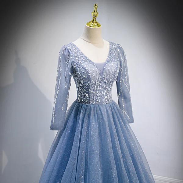 Chic / Belle Bleu Ciel Glitter Perlage Paillettes Robe De Bal 2022 Robe Boule V-Cou Manches Longues Dos Nu Longue Robe De Ceremonie