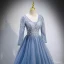 Chic / Belle Bleu Ciel Glitter Perlage Paillettes Robe De Bal 2022 Robe Boule V-Cou Manches Longues Dos Nu Longue Robe De Ceremonie