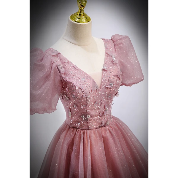 Elegant Blushing Pink Prom Dresses 2022 Ball Gown Floor-Length / Long V-Neck Beading Rhinestone Butterfly Appliques Puffy Short Sleeve Backless Formal Dresses