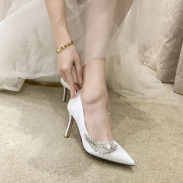 Chic / Beautiful Ivory Rhinestone Wedding Shoes 2022 9 cm Stiletto Heels Pointed Toe Wedding Pumps High Heels