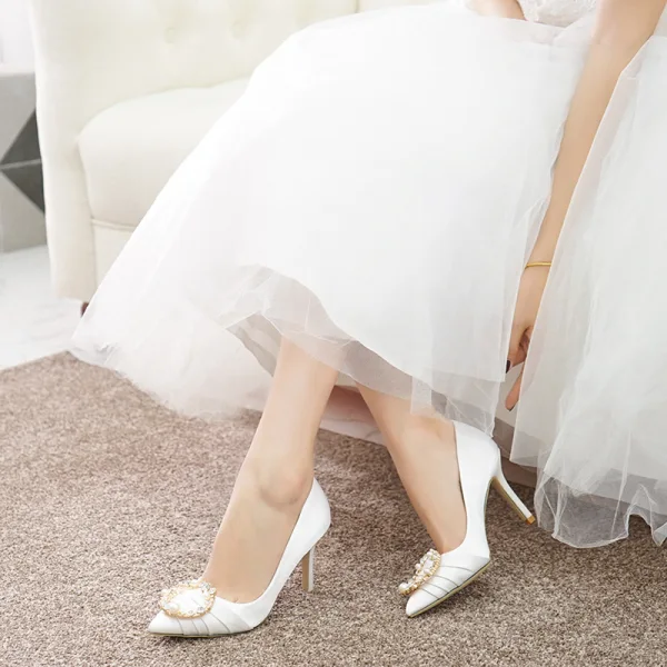 Élégant Ivoire Faux Diamant Perle Chaussure De Mariée 2022 9 cm Talons Aiguilles À Bout Pointu Mariage Talons Hauts
