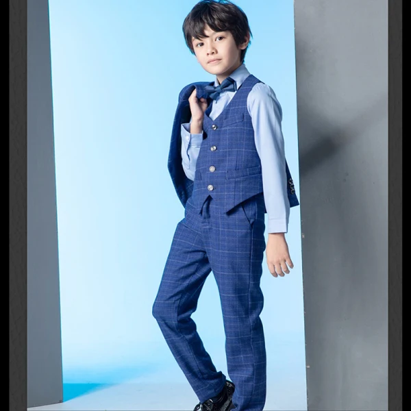 Mode Bleu Marine Manches Longues Costume Garçon Mariage 2022 Mariage Manteau Pantalon Chemise Gilet Rubans