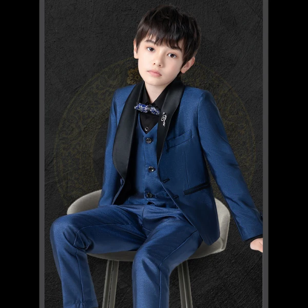 Vintage / Retro Royal Blue Long Sleeve Boys Wedding Suits 2022 Coat Pants Shirt Vest