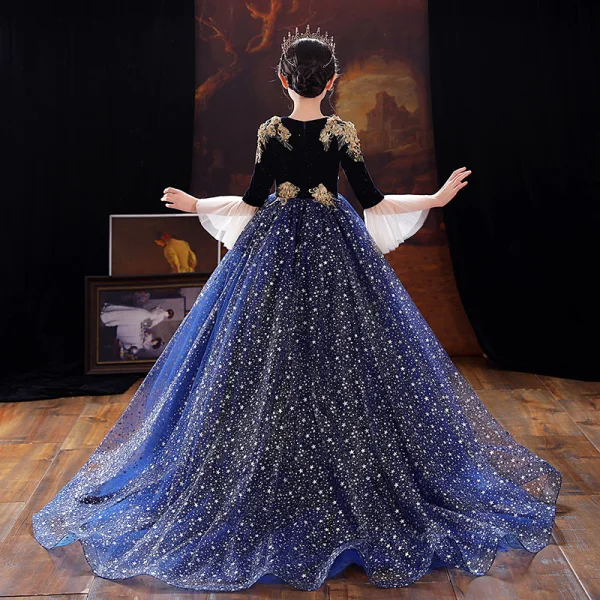 Sparkly Navy Blue Star Sequins Birthday Flower Girl Dresses 2022 Ball Gown Square Neckline Rhinestone Lace Flower Bell sleeves Sweep Train Flower Girl Dresses