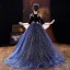 Sparkly Navy Blue Star Sequins Birthday Flower Girl Dresses 2022 Ball Gown Square Neckline Rhinestone Lace Flower Bell sleeves Sweep Train Flower Girl Dresses