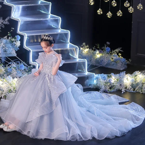 Classy Sky Blue Cascading Ruffles Flower Girl Dresses 2022 Ball Gown Scoop Neck Beading Sequins Short Sleeve Backless Court Train Flower Girl Dresses