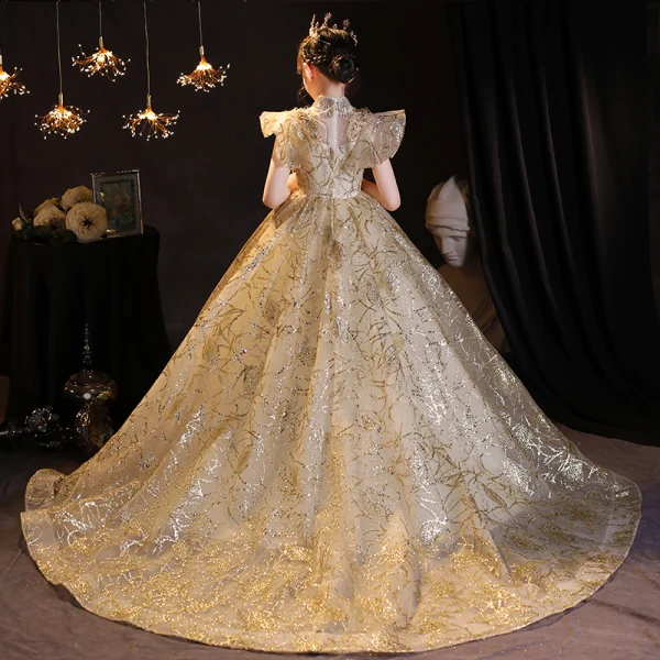 Sparkly Gold Beading Pearl Sequins Lace Flower Birthday Flower Girl Dresses 2022 Ball Gown High Neck Short Sleeve Court Train Flower Girl Dresses