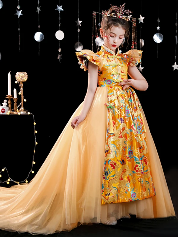 Style Chinois Jaune Impression Anniversaire Robe Ceremonie Fille 2022 Robe Boule Col Haut Gonflée Manches Courtes Tribunal Train Robe Ceremonie Fille