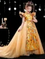 Style Chinois Jaune Impression Anniversaire Robe Ceremonie Fille 2022 Robe Boule Col Haut Gonflée Manches Courtes Tribunal Train Robe Ceremonie Fille