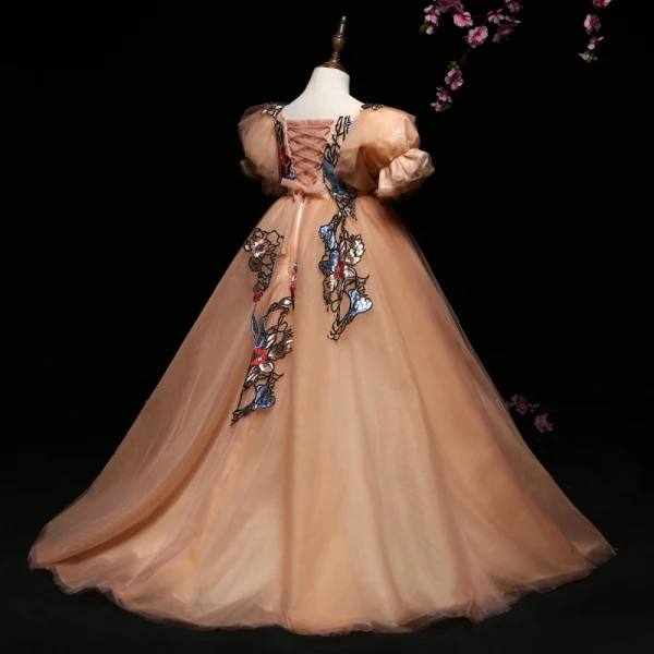 Flower Fairy Champagne Flower Girl Dresses 2022 Ball Gown Scoop Neck Lace Flower Sequins Appliques Puffy Short Sleeve Backless Floor-Length / Long Flower Girl Dresses