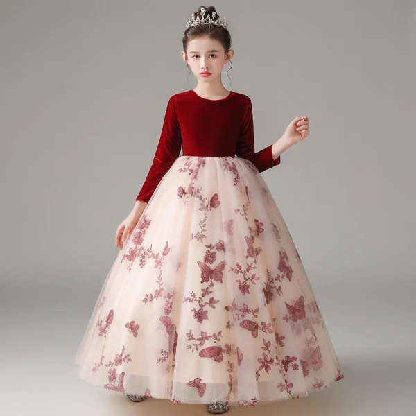 Chic / Beautiful Burgundy Suede Birthday Flower Girl Dresses 2022 Ball Gown Scoop Neck Lace Butterfly Long Sleeve Floor-Length / Long Flower Girl Dresses