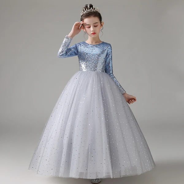 Sparkly Sky Blue Gradient-Color Sequins Birthday Flower Girl Dresses 2022 Ball Gown Scoop Neck Long Sleeve Floor-Length / Long Flower Girl Dresses