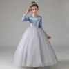 Brillante Azul Cielo Degradado De Color Lentejuelas Cumpleaños Vestidos para niñas 2022 Ball Gown Scoop Escote Manga Larga Largos Vestidos para niñas