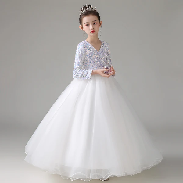 Chic / Beautiful Ivory Sequins Birthday Flower Girl Dresses 2022 Ball Gown V-Neck Long Sleeve Floor-Length / Long Flower Girl Dresses