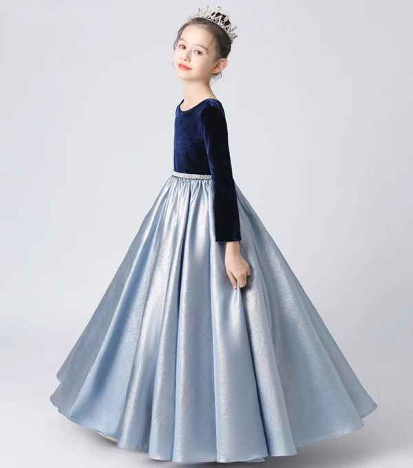 Vintage / Retro Navy Blue Suede Satin Birthday Flower Girl Dresses 2022 A-Line / Princess Scoop Neck Long Sleeve Floor-Length / Long Flower Girl Dresses