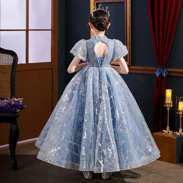 Sparkly Sky Blue Pearl Rhinestone Sequins Birthday Flower Girl Dresses 2022 Ball Gown High Neck Puffy Short Sleeve Backless Floor-Length / Long Flower Girl Dresses