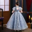 Sparkly Sky Blue Pearl Rhinestone Sequins Birthday Flower Girl Dresses 2022 Ball Gown High Neck Puffy Short Sleeve Backless Floor-Length / Long Flower Girl Dresses