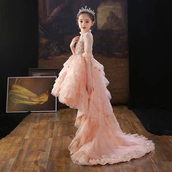 Chic / Beautiful Pearl Pink Beading Lace Sequins Cascading Ruffles Birthday Flower Girl Dresses 2022 Ball Gown High Neck 1/2 Sleeves Sweep Train Flower Girl Dresses
