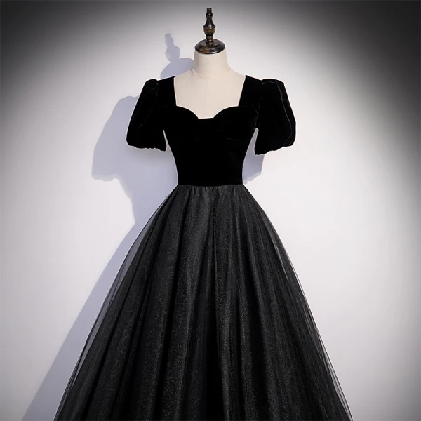 Elegant Black Suede Prom Dresses 2022 A-Line / Princess Square Neckline Short Sleeve Floor-Length / Long Formal Dresses